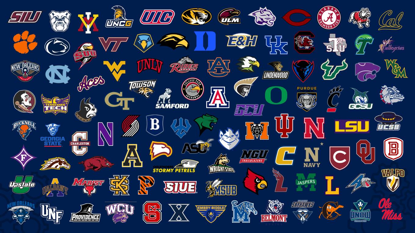Program logos including Duke, Kentucky, North Carolina, Alabama, Auburn, LSU, Oklahoma, Purdue, Oregon, Arizona, Clemson, Louisville, Ole Miss, Providence, Xavier, NC State, Memphis, Navy, UNLV, the New Orleans Pelicans, the Portland Trail Blazers and many more